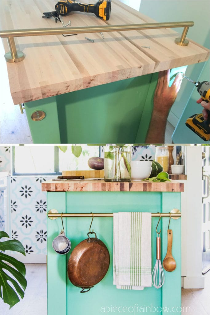 colorful farmhouse DIY kitchen cart on wheels with towel bar hanging rail 