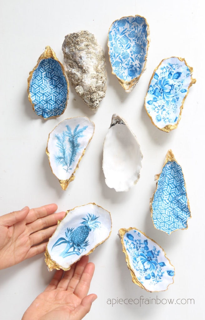 Beautiful DIY Anthropologie style oyster shell trinket dish,  look like hand painted blue white ceramics with gold edges