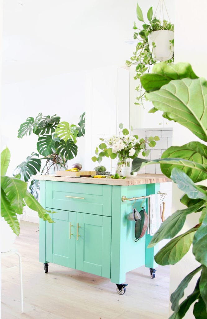 beautiful modern farmhouse kitchen with bohemian style colorful DIY kitchen island, portable kitchen cart on wheels with hanging rail, flowers