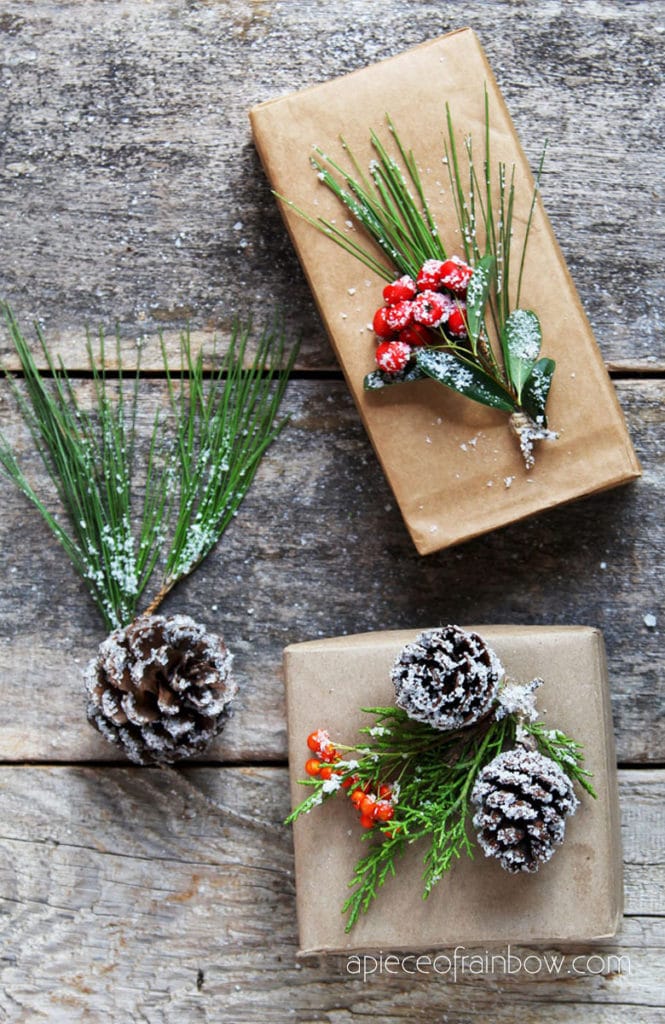Easy and free Christmas gift wrapping with pine cones 