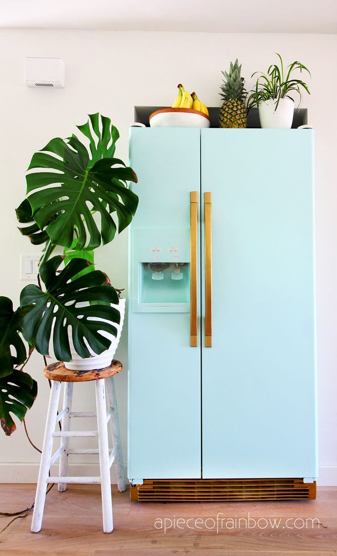 bohemian style room with anthropologie style mint fridge inspired by SMEG fridge