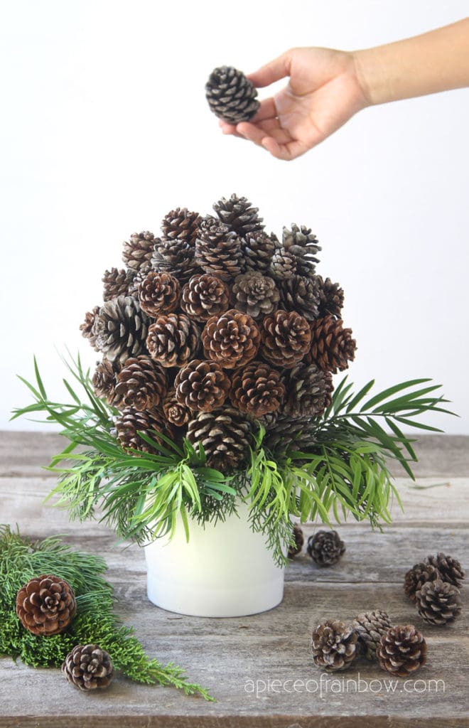 modern farmhouse pine cone crafts, and ornaments topiary for Thanksgiving, Christmas and year-round!