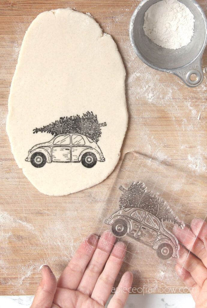 stamp a Christmas car image on salt dough