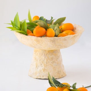 DIY pedestal bowl with easy paper mache clay recipe & painted vintage limestone finish. Beautiful boho farmhouse home decor & crafts idea!
