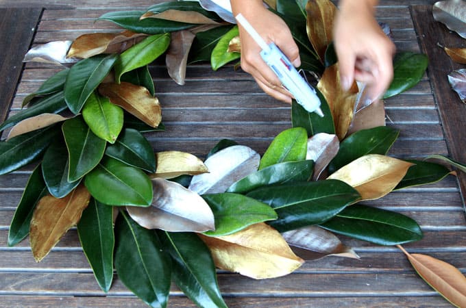 finish DIY magnolia wreath with magnolia leaves