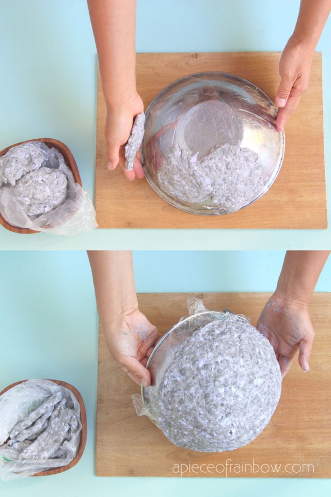 shape paper mache clay to cover bowl