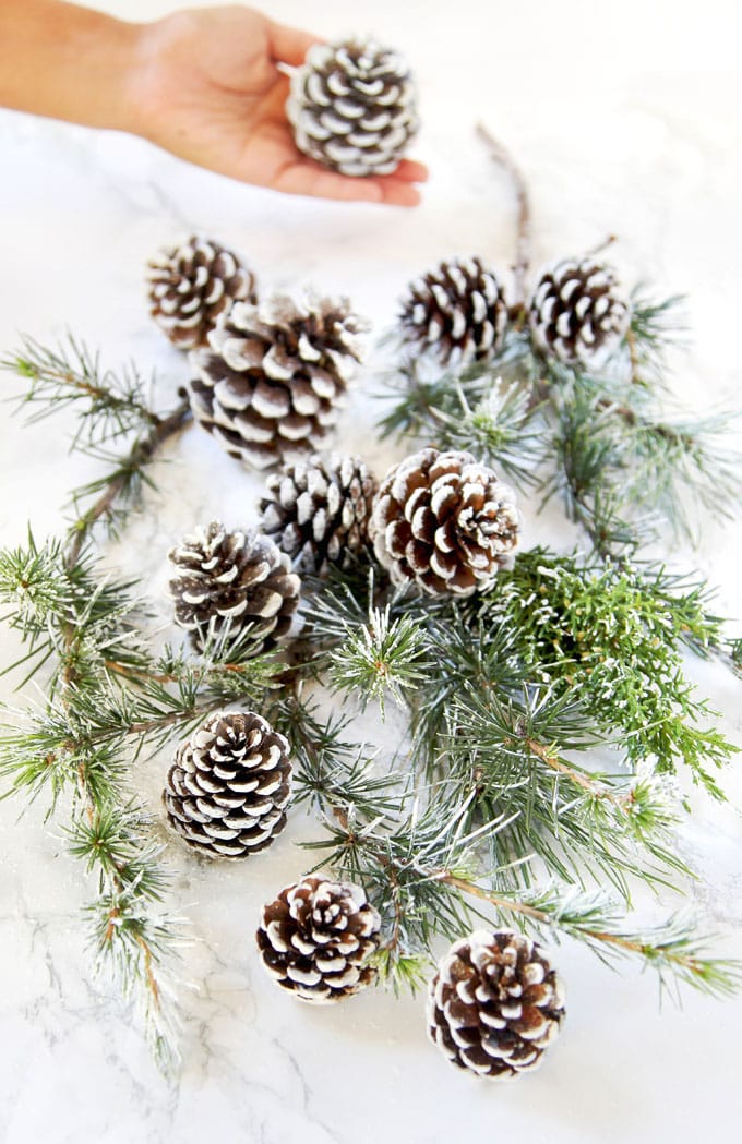 winter wonderland wedding style white DIY snow covered pine cones & branches