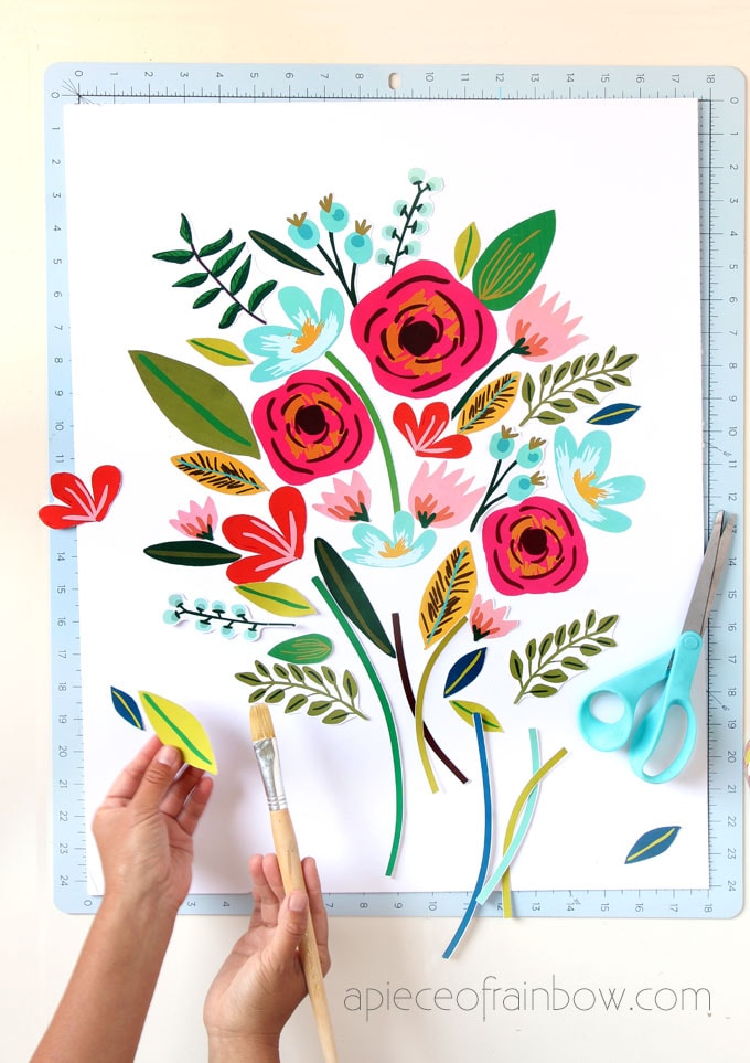 gluing leaves to make large wall art