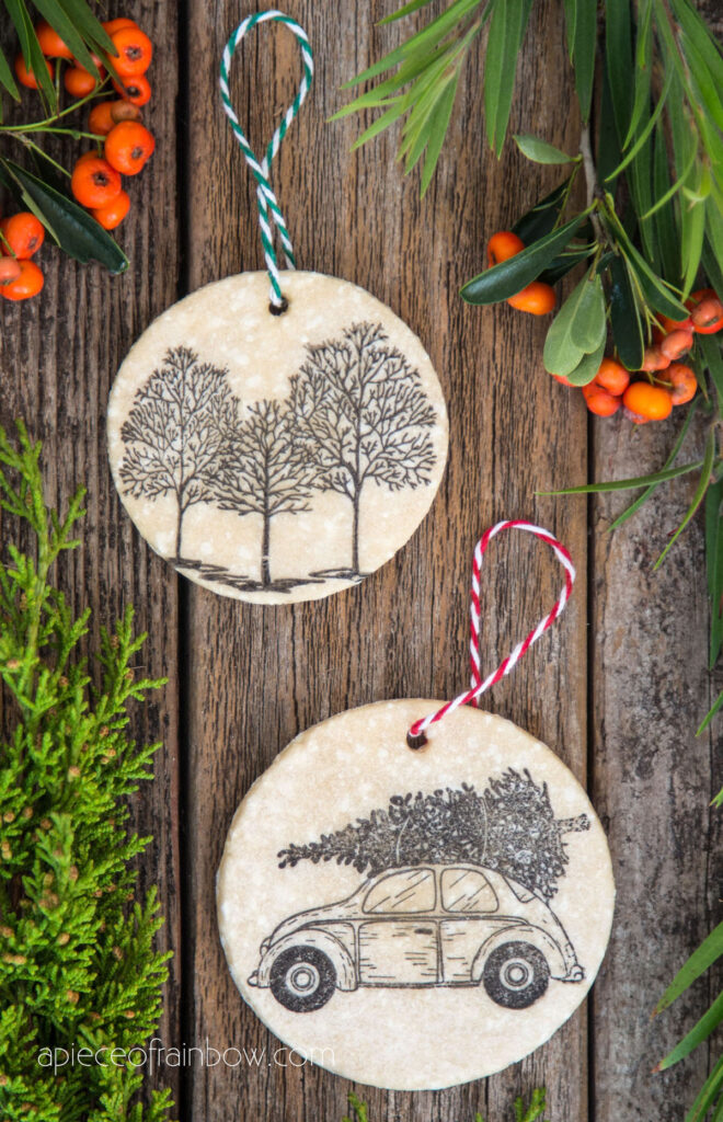 winter forest and car with Christmas tree on top salt dough ornaments 