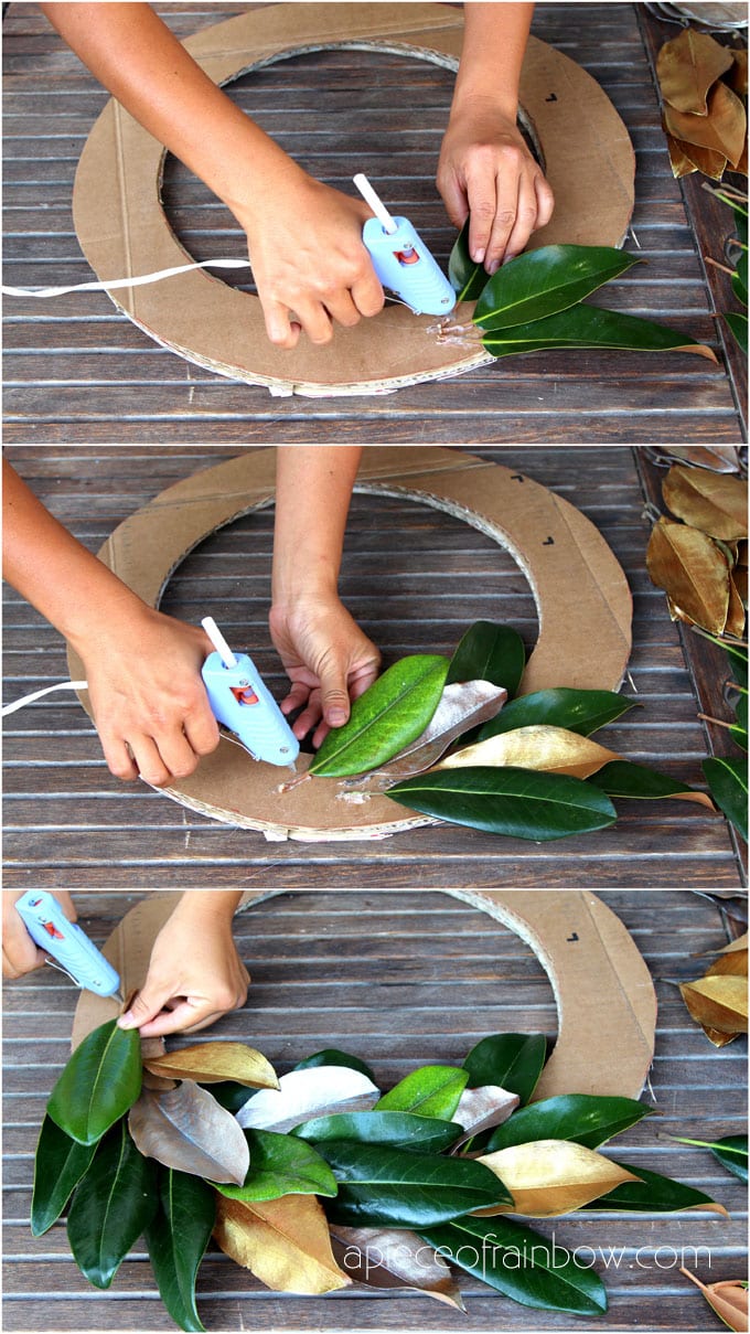 make magnolia wreath by gluing magnolia leaves onto the cardboard form