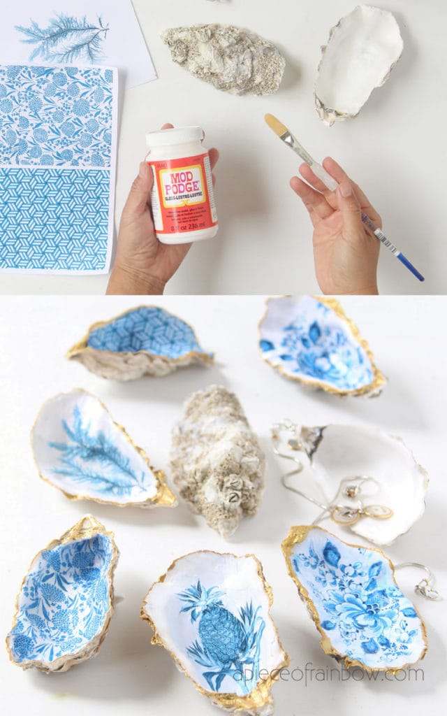make Anthropologie boho style oyster shell ring dish using paper and mod podge