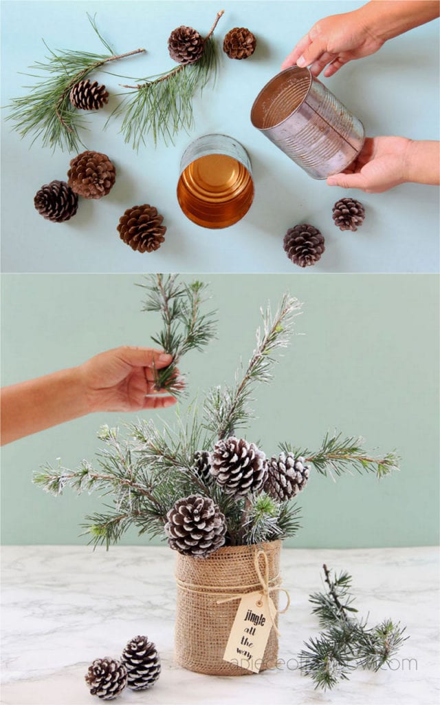 Snowy tree pine cone table decorations for winter and Christmas