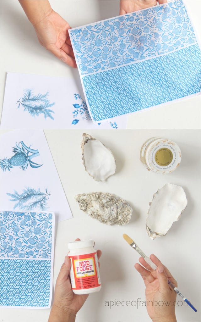 materials to make blue and white decoupage oyster shell  jewelry dish & ring dish