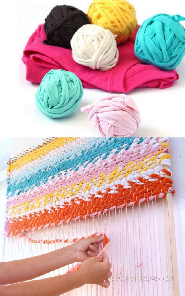 How to weave a colorful boho farmhouse rag rug using DIY t-shirt yarn
