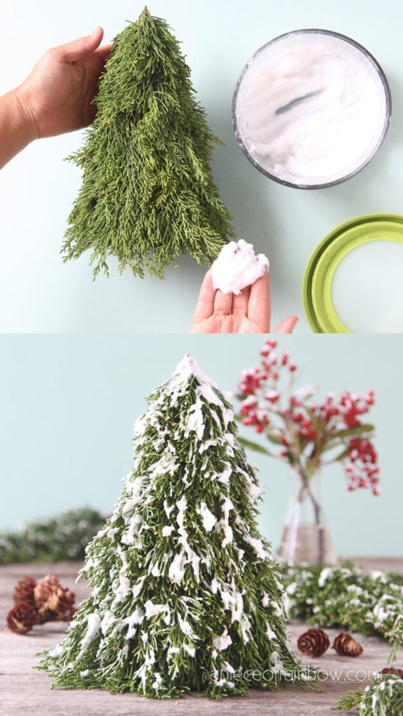 how to make snow flocked Christmas tree for  winter farmhouse decorations. Easy crafts with DIY fake snow.