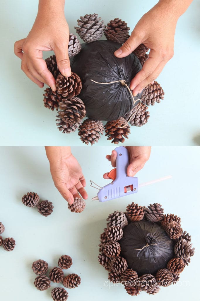 how to make pine cone ball for Christmas decorations and ornaments