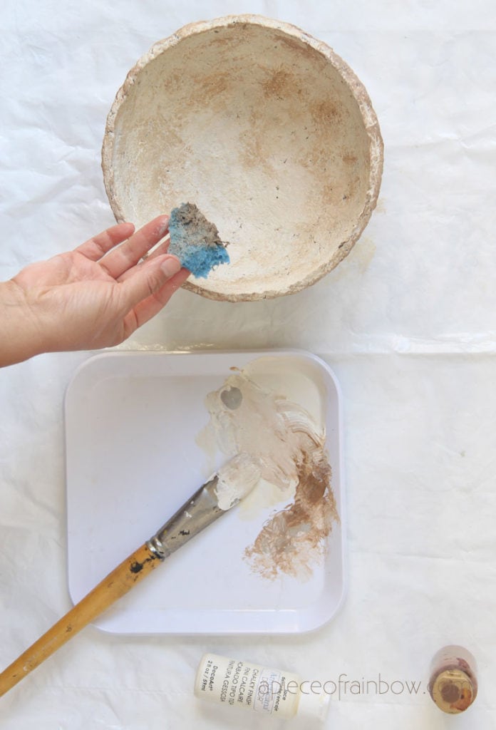 adding texture & painting vintage paper clay bowl with a sponge