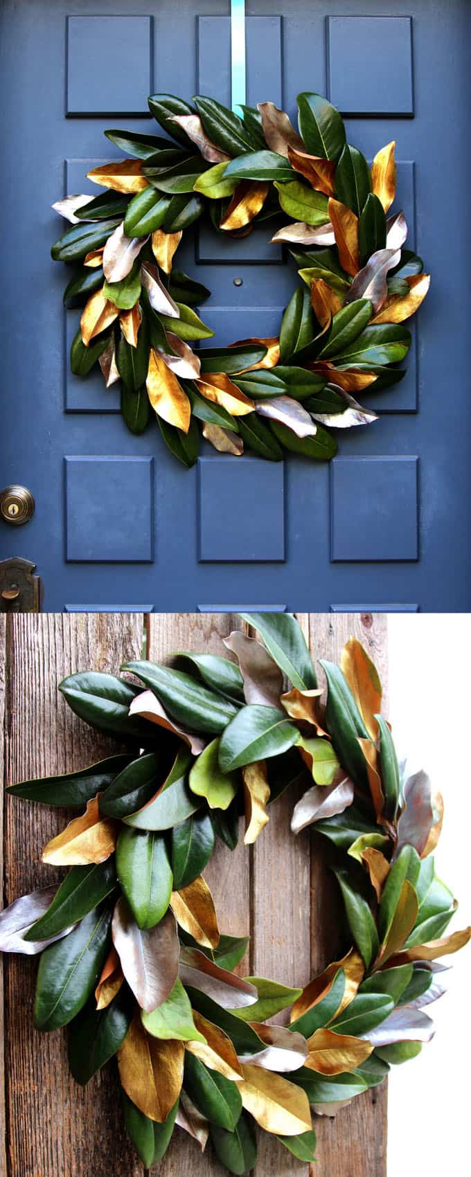 beautiful DIY fresh magnolia leaf wreath on deep blue door