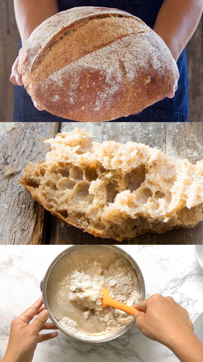 Amazing no knead bread recipe with video tutorial! This SUPER flavorful homemade bread requires 1 bowl, 4 ingredients and no work. Gorgeous crust and moist crumb! Variations of traditional white bread and healthy whole grain bread recipes included. - A Piece of Rainbow
