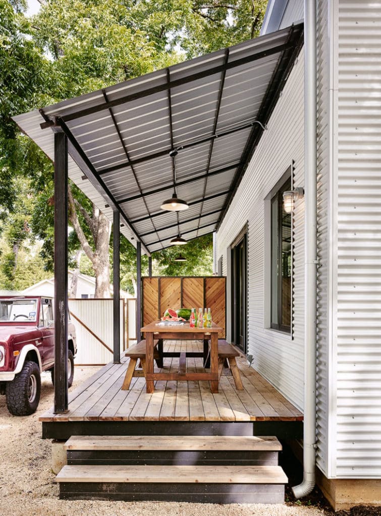 porch shade structure attached to the house  in modern farmhouse style.