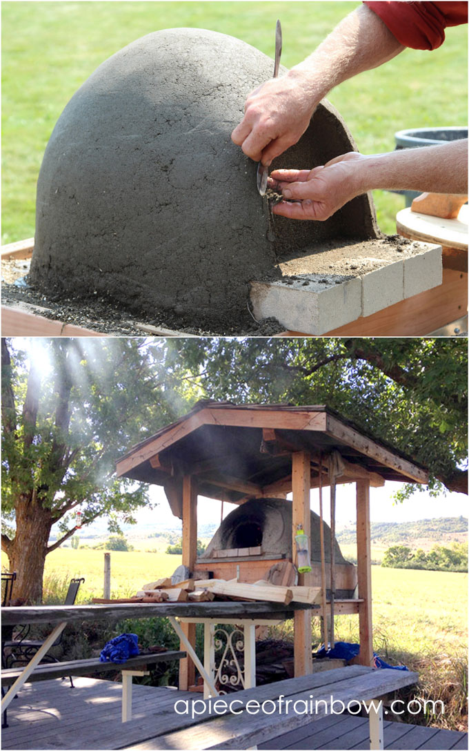 DIY wood fired outdoor pizza earth oven with roof above