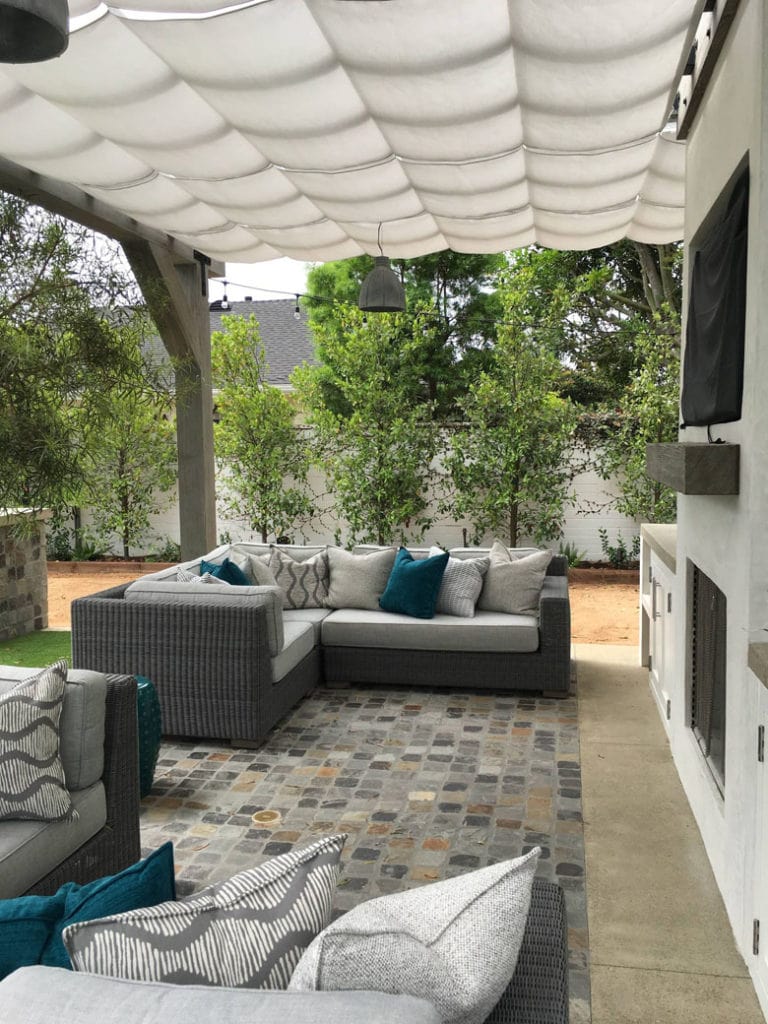 white fabric  patio cover