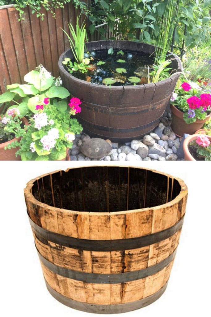 wood wine barrel or whiskey barrel   DIY pond water feature on patio