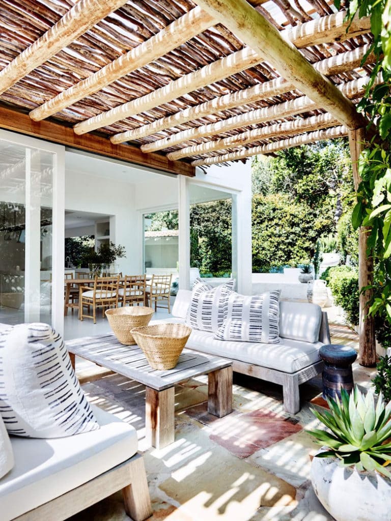 white modern patio with shade pergola