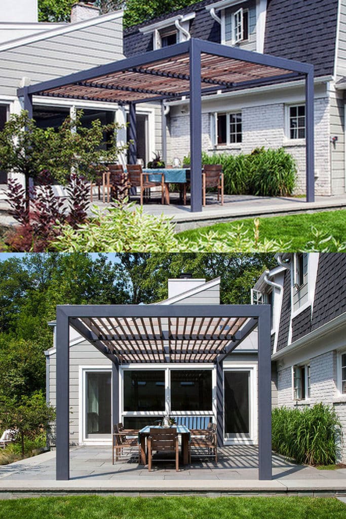 metal and wood pergola in backyard with beautiful landscaping
