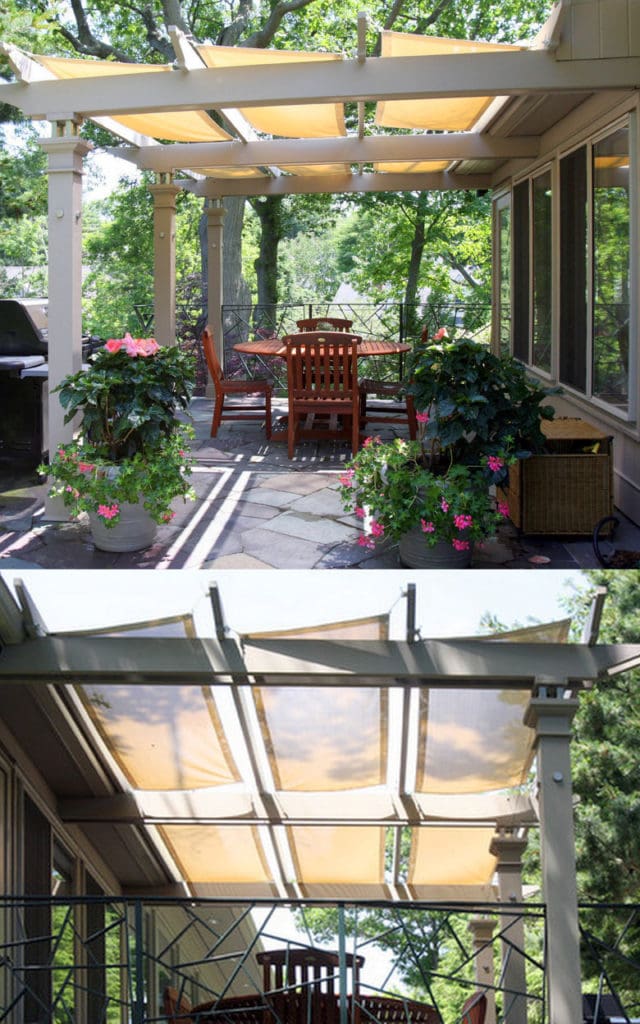 sections of fabric or shade cloth on a wood pergola patio cover