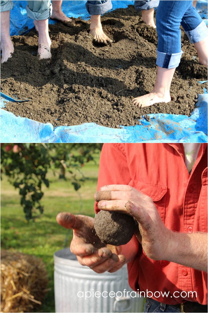 preparing sand and clay to build DIY wood fired outdoor pizza oven, aka cob / earth oven