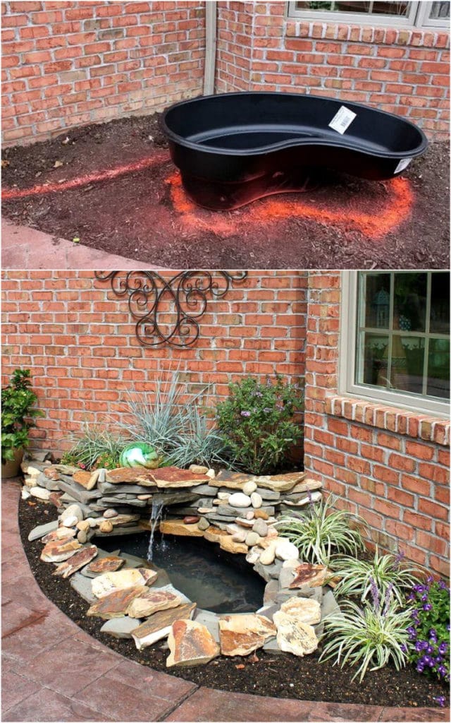 beautiful DIY pond and mini waterfall  with a preformed pond liner
