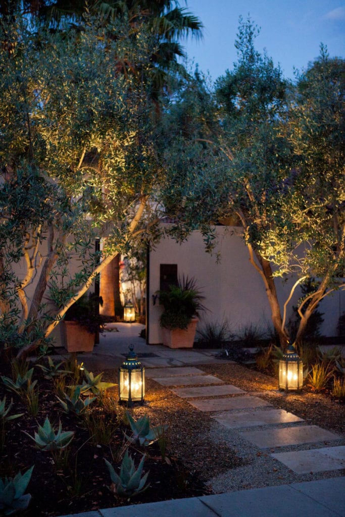 Outdoor lanterns along walkway