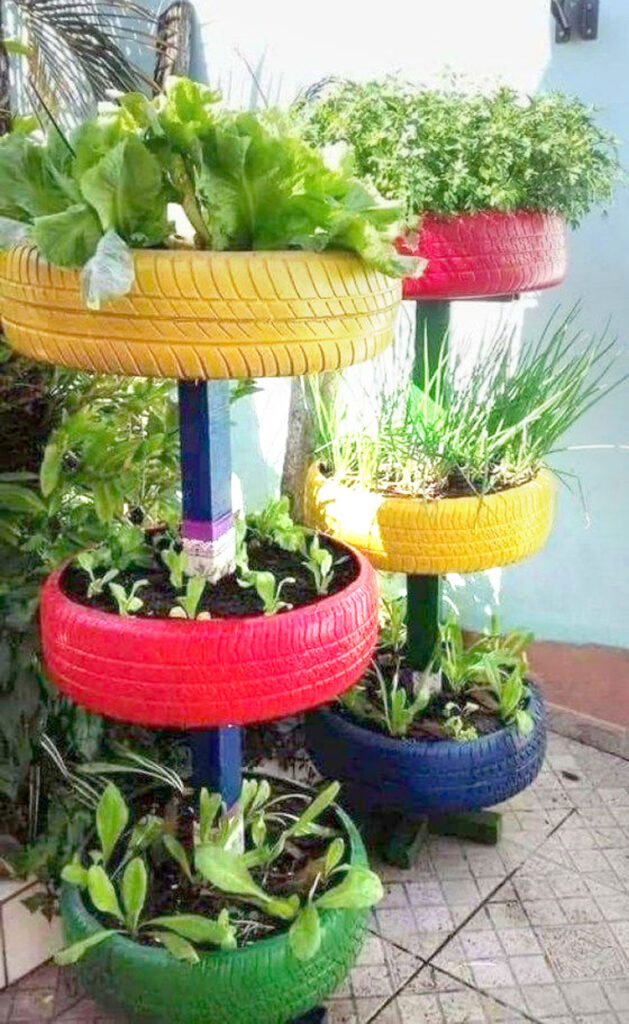 Recycled tire vertical planter vegetable garden