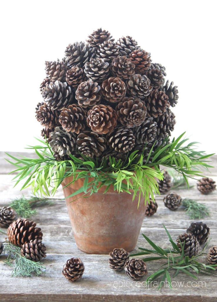 farmhouse table decor pine cone topiary DIY with recycled paper  