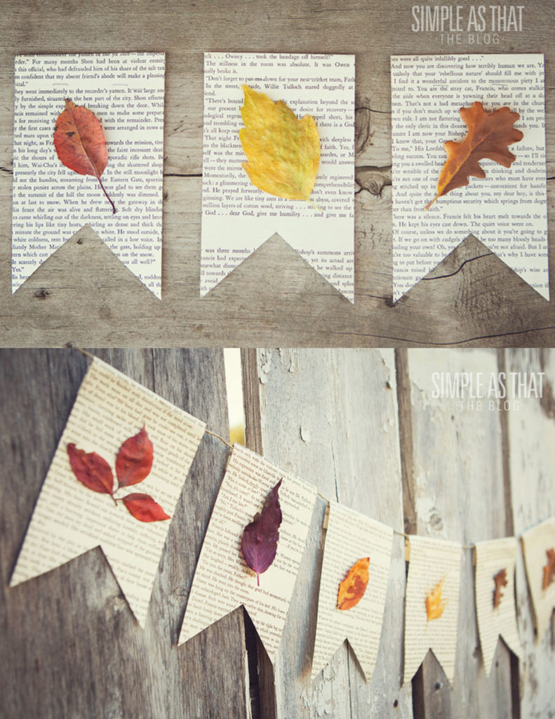 glue fall leaves to book pages to make farmhouse style garland perfect for autumn and Thanksgiving! 