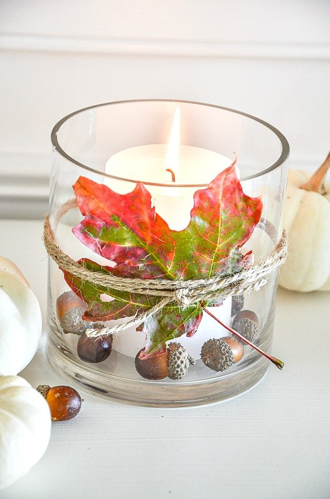 Make Fall leaf candle holder with pressed leaves 