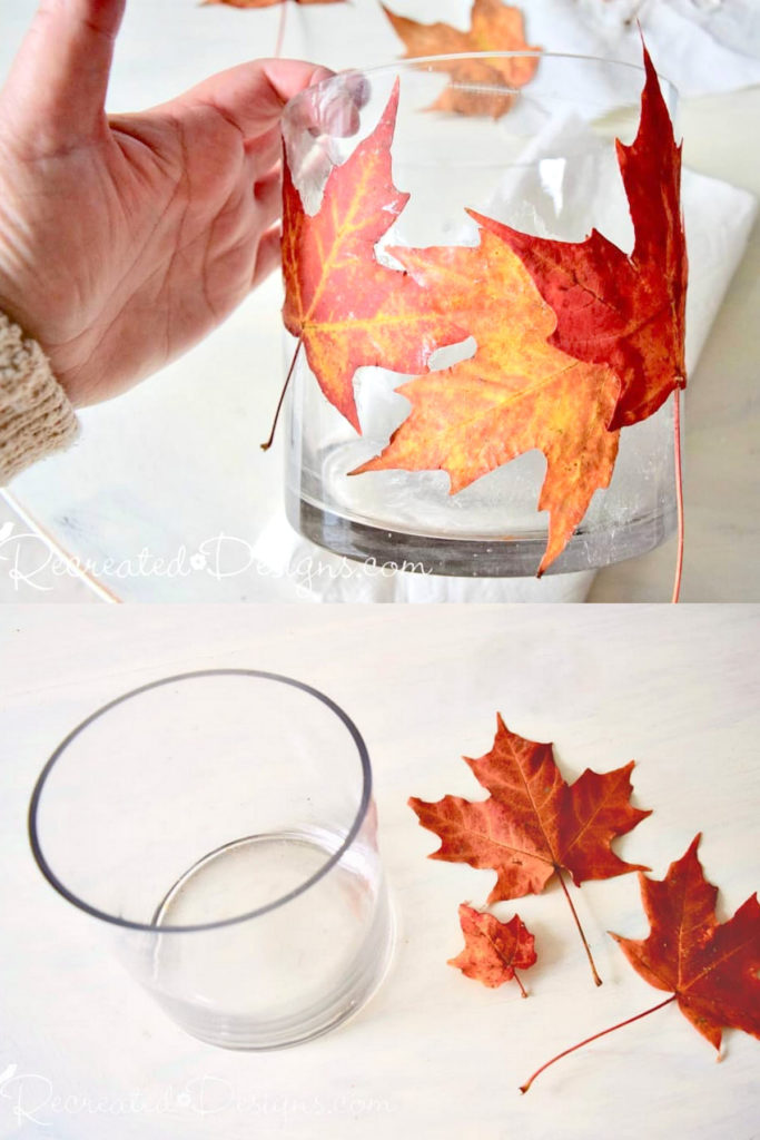 decoupage Fall leaf glass candle holder with pressed leaves 