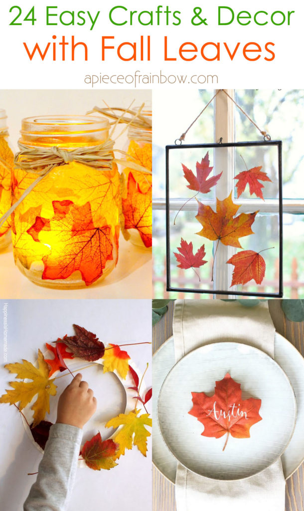 24 Gorgeous fall leaf crafts & easy DIY decor ideas such as colorful wreath, garland, kids leaf art printing, mason jars, Thanksgiving table centerpiece, etc!