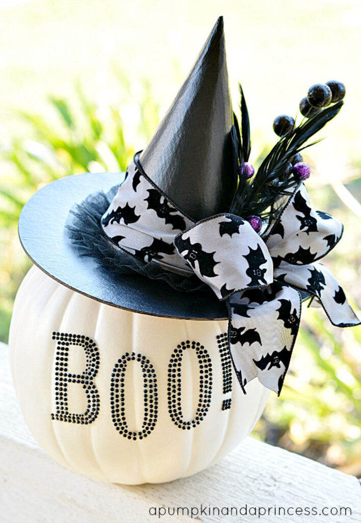 No carve Halloween pumpkin with witch's hat