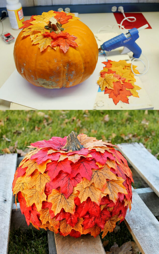 Decorate pumpkins with fall leaves 