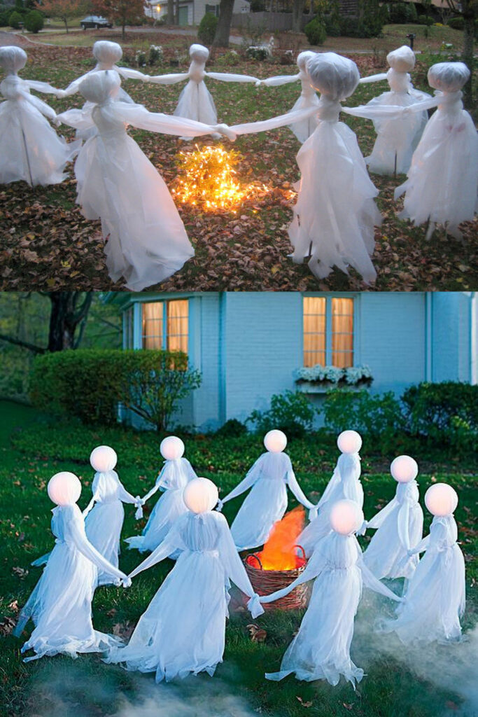a group of ghosts holding hands around a LED light faux fire pit