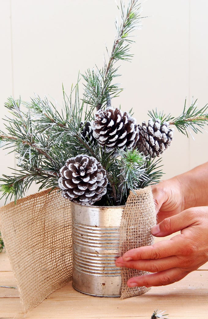 wrap burlap around tin can container with snowy tree winter & Christmas DIY table decoration