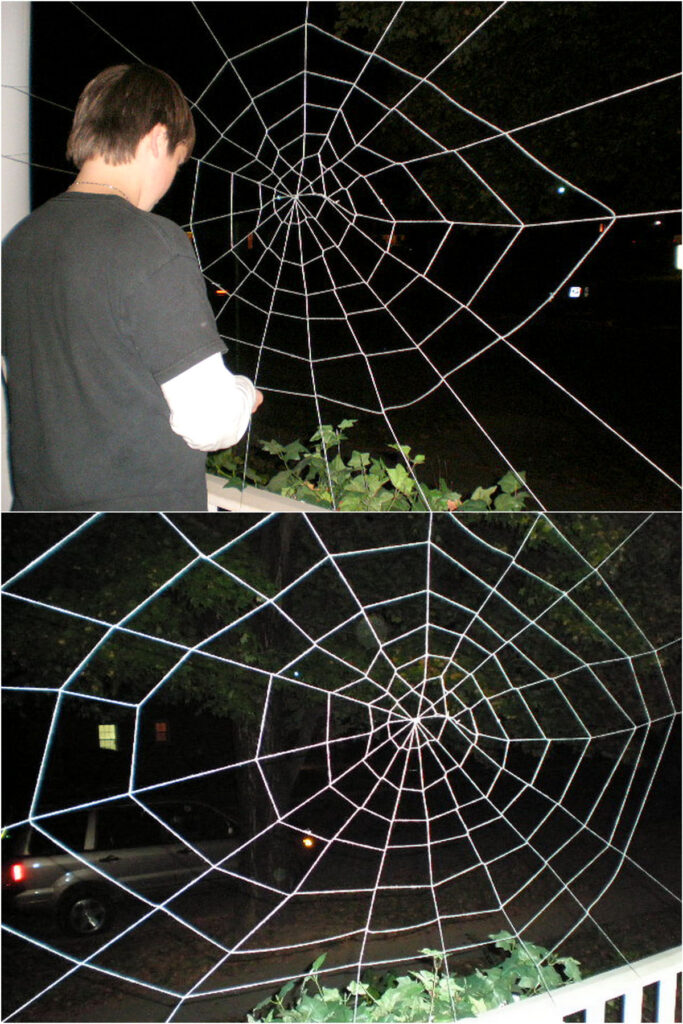 Weave a spiderweb for outdoor Halloween decorations