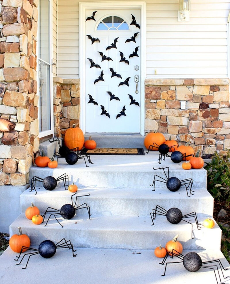 Easy DIY Halloween bats front door and steps decorations 