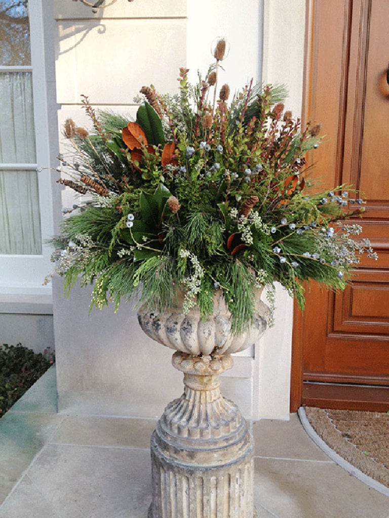  colors and textures in a Christmas urn