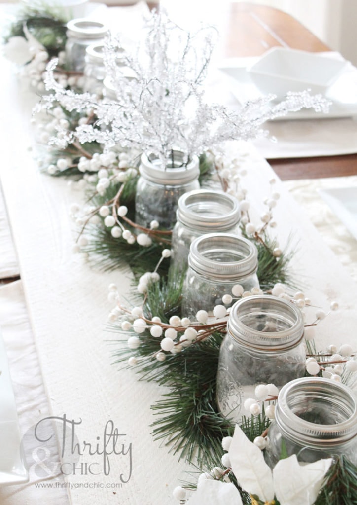 white farmhouse Christmas table decor with mason jars