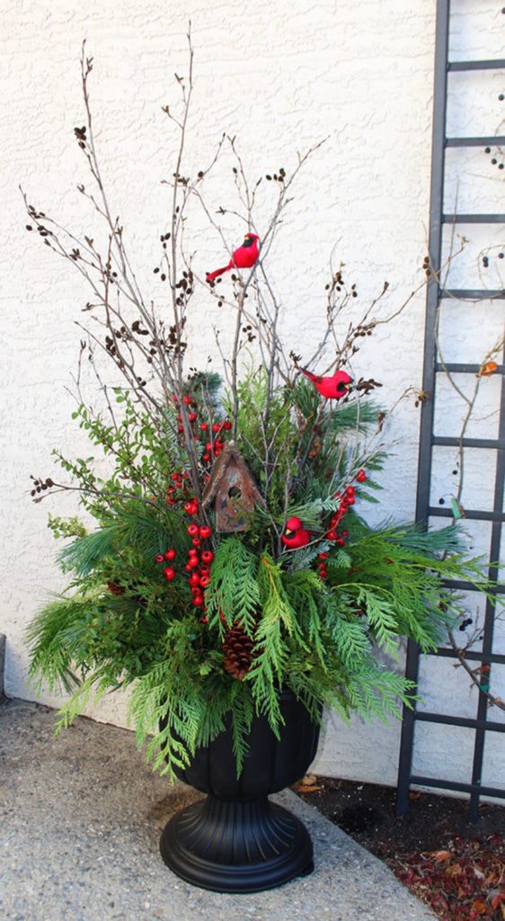Farmhouse style outdoor winter planter pot with red birds