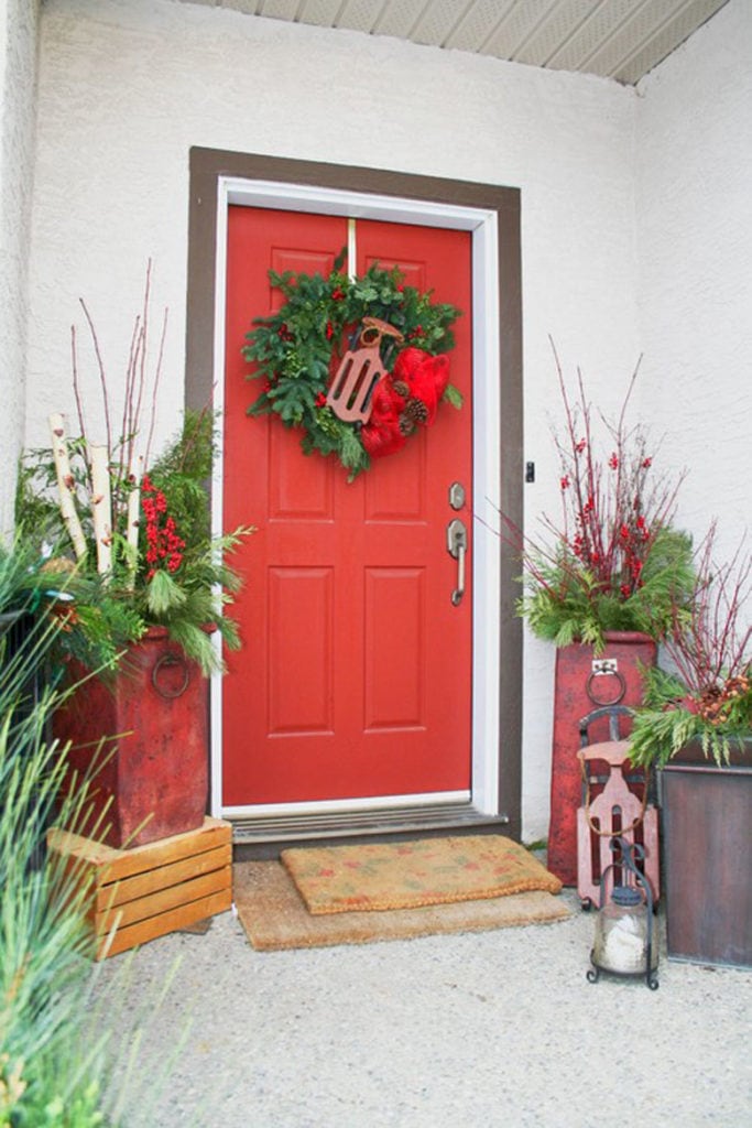  winter outdoor planters with red door