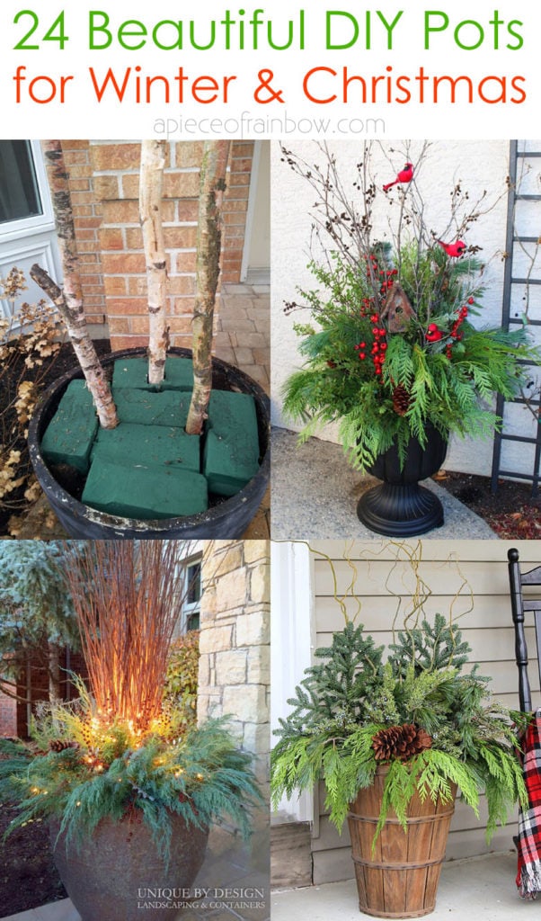 How to make colorful outdoor planters for winter & Christmas decorations. Best porch pot ideas with evergreen branches, berries & pine cones!-